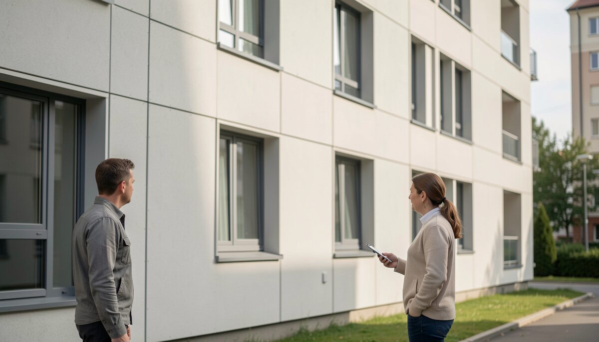 A prospective tenant and an adviser observing the insulated exterior wall and shaded windows of a modern apartment building, no signs, labels or paperwork
