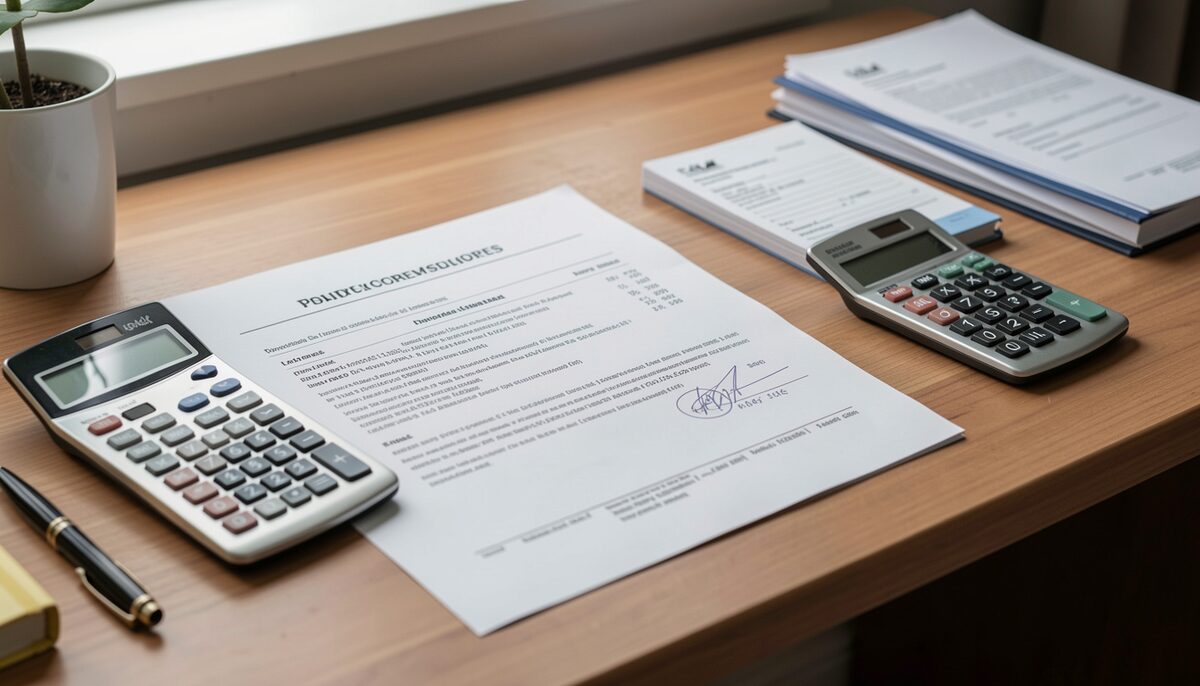 Desk with printed property listing, calculator and official forms