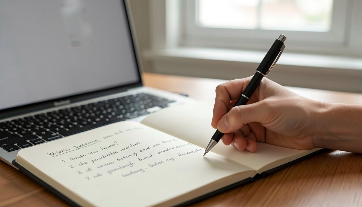 Hand writing a list of questions in a notebook beside a laptop