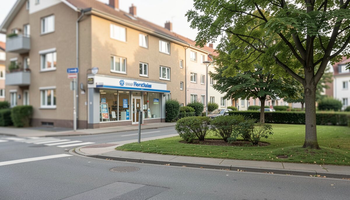Street corner in a residential neighbourhood with a pharmacy and a small park