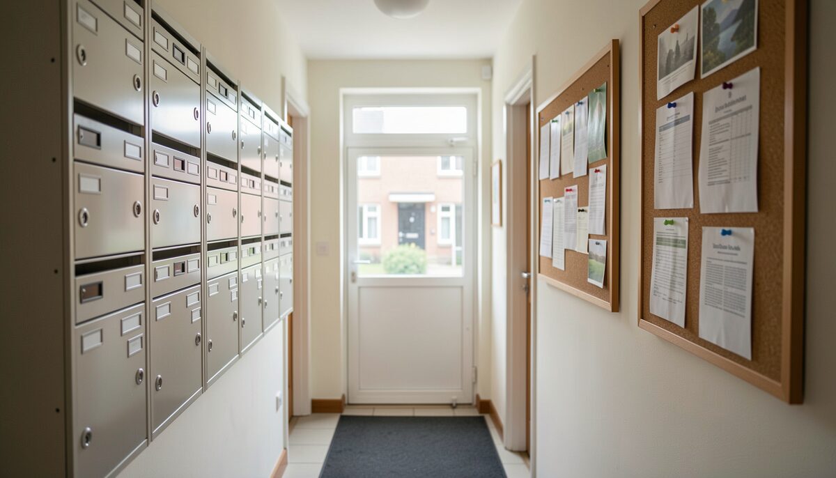 Entrance hall of a residential building with mailboxes and a notice board