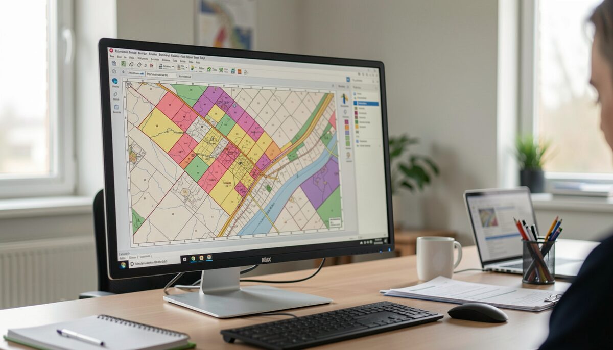 Screen showing a public cadastral map interface in an office