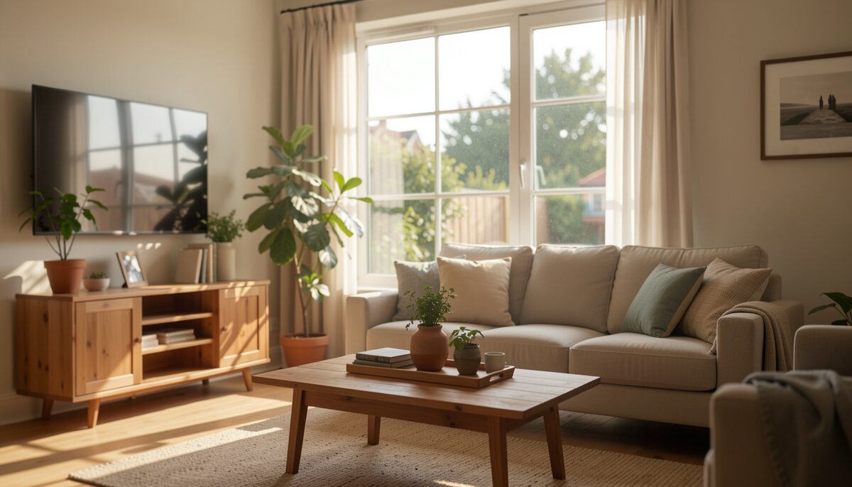 Sunlight entering a living room through a large window in the morning