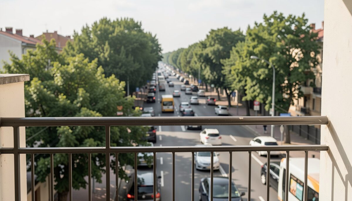 Balcony overlooking a busy avenue with traffic and trees
