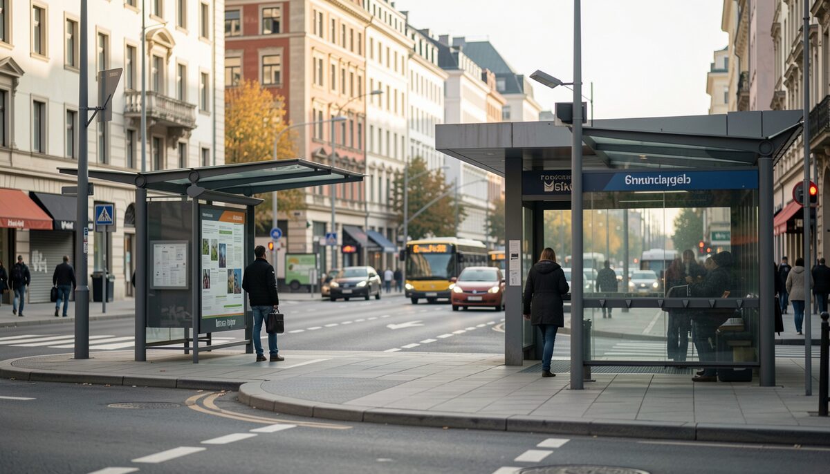 Bus stop and metro entrance seen from across a city street