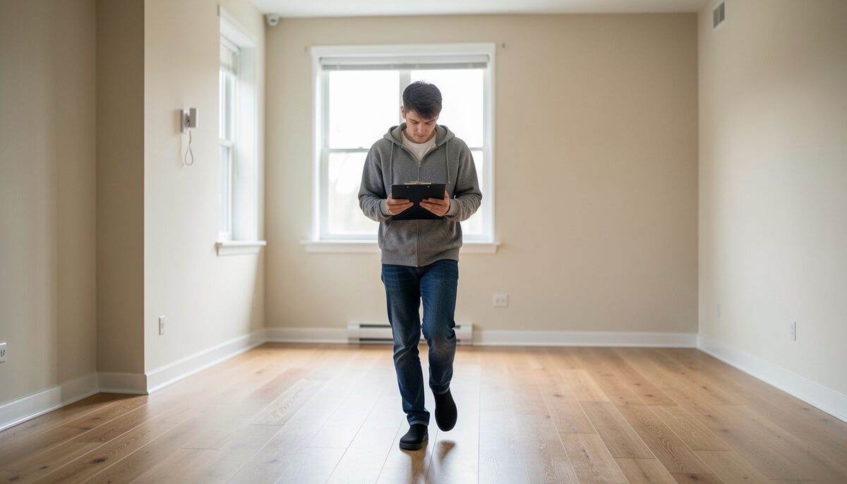 Person holding a clipboard while walking through an empty apartment room